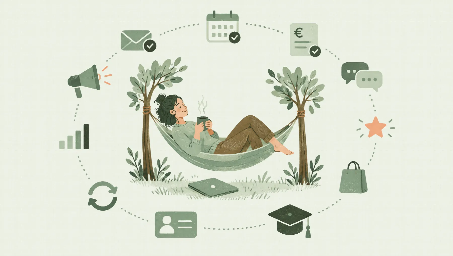 Illustration: Eine Selbstständige liegt entspannt mit Kaffee in der Hängematte, der Laptop zugeklappt im Gras. Rundherum laufen E-Mails, Termine, Rechnungen, Nachrichten, Bewertungen, Shop, Kurse, Kontakte, Automationen, Auswertungen und Marketing von selbst.