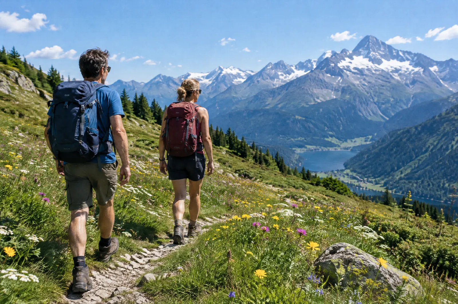 Ein Paar wandert an einem Sommertag über eine Bergwiese in den Alpen.