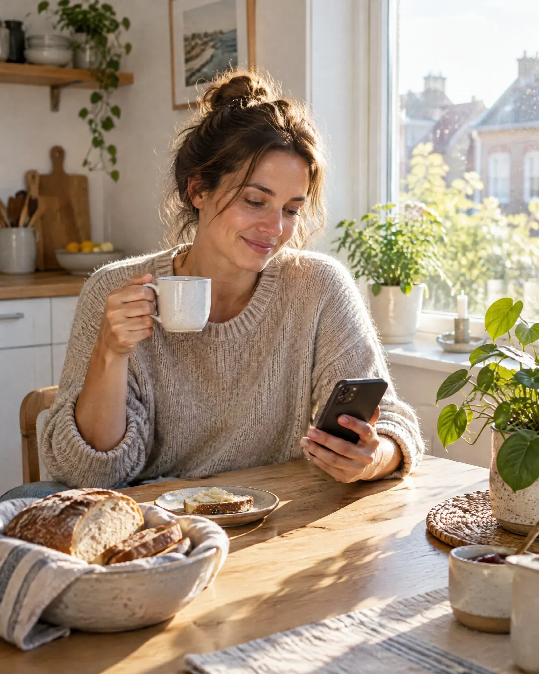 Eine Frau sitzt beim Frühstück in der Morgensonne und schaut entspannt auf ihr Handy.